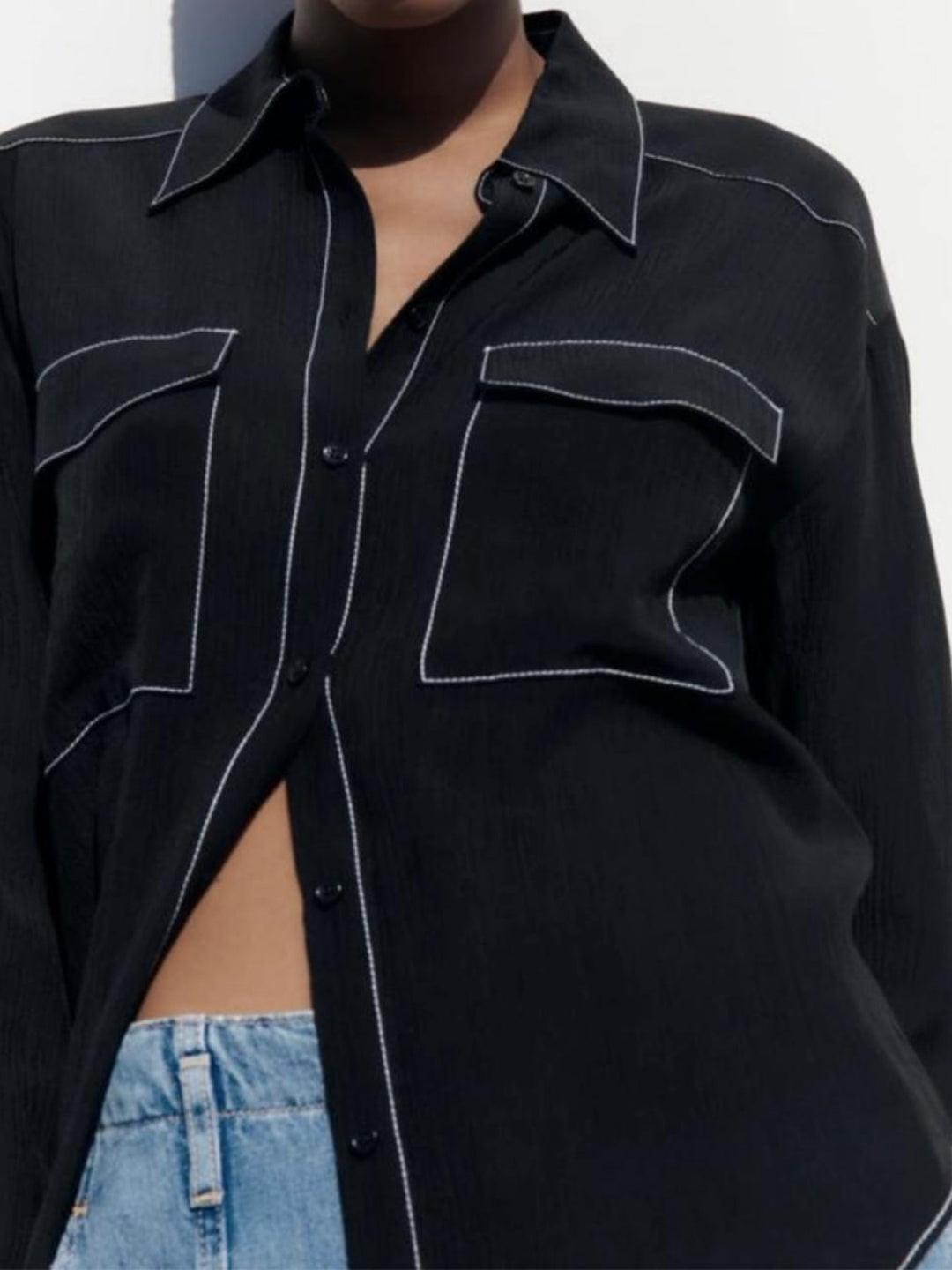 Black Cotton Poplin Shirt with Thread Detailing